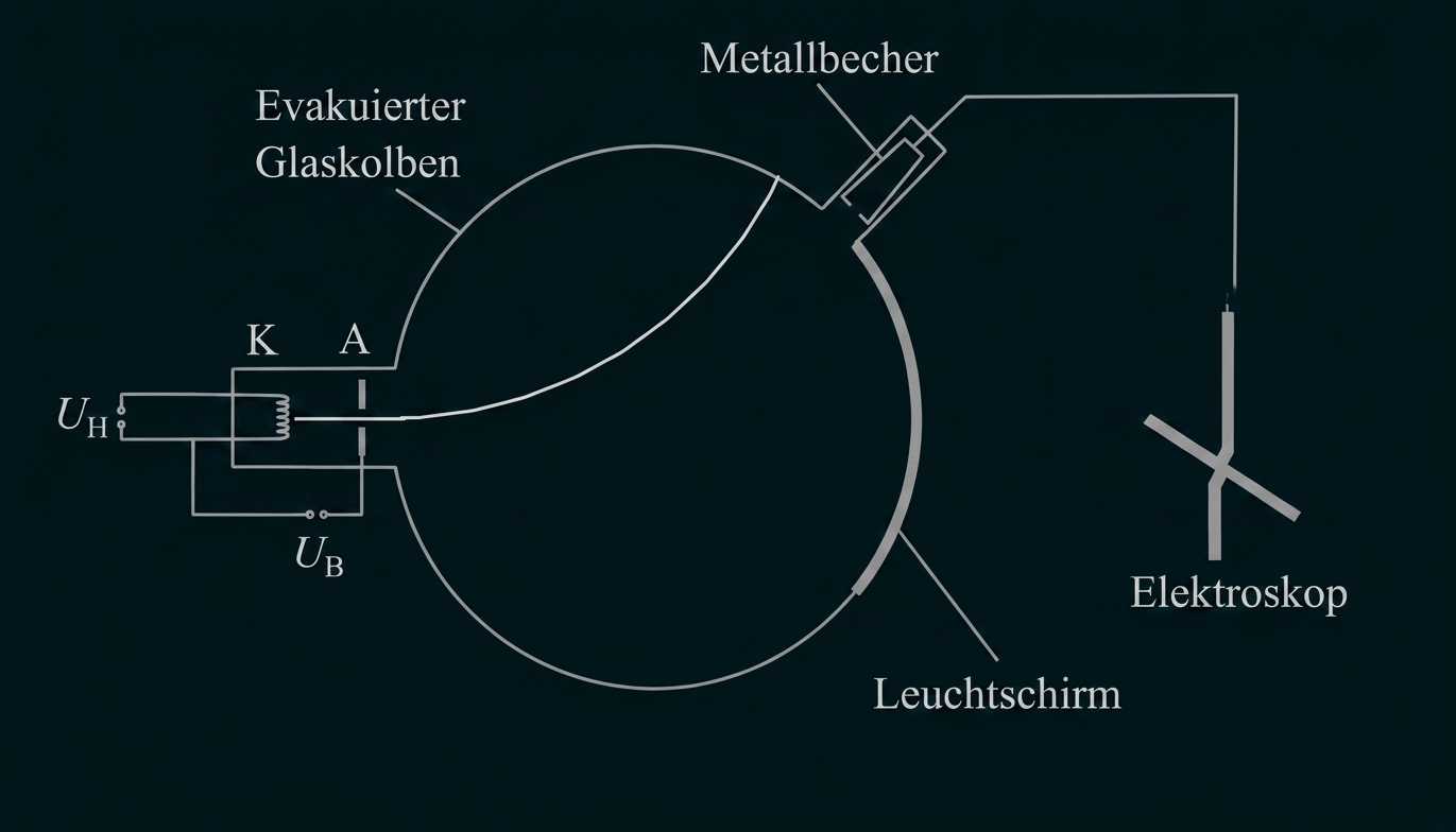 Schematischer Aufbau einer evakuierten Glaskolbenröhre mit Kathode, Anode, Metallbecher, Leuchtschirm und Elektroskop